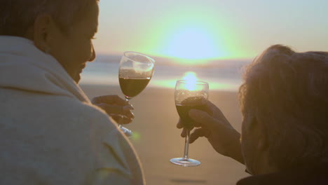 Back-view-of-a-senior-couple-toasting-with-red-wine-while-enjoying-the-sunset-on-the-beach