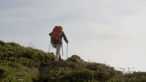 Mujer-Escalando-Con-Bastones-De-Trekking,-Luego-Parada-En-La-Cima-De-La-Montaña-Para-Admirar-El-Paisaje