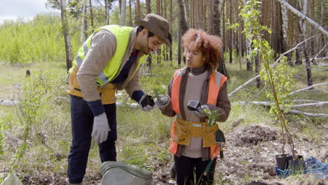 Caucasian-man-and-african-american-woman-activists-holding-small-trees-and-talking-to-plant-them-in-the-forest