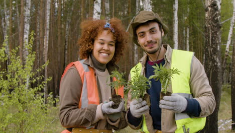 Caucasian-man-and-african-american-woman-activists-holding-small-trees-and-smiling-at-camera-in-the-forest