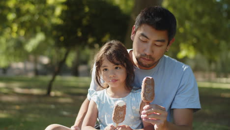 Happy-Asian-father-and-daughter-eating-chocolate-ice-cream-in-park