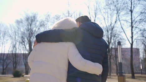 Rear-view-of-a-senior-couple-hugging-and-walking-in-the-park-on-a-winter-day