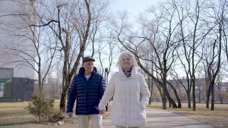 Senior-couple-holding-hands,-walking-and-talking-in-the-park-on-a-winter-day
