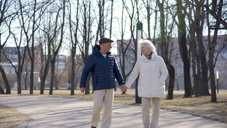 Senior-couple-holding-hands,-walking-and-laughing-in-the-park-on-a-winter-day