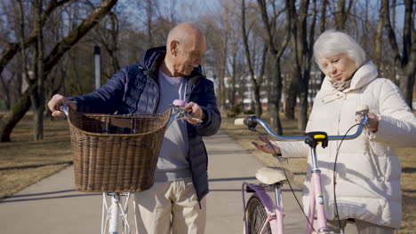 älteres-Paar,-Das-Fahrräder-Hält,-Während-Es-An-Einem-Wintertag-Im-Park-Spazieren-Geht-Und-Spricht