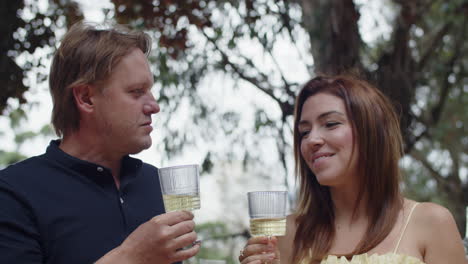 Handheld-shot-of-happy-couple-clinking-glasses-and-drinking-champagne-at-picnic-while-looking-at-the-camera