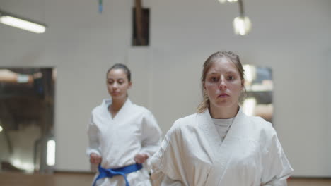 Vista-Frontal-De-Chicas-Enfocadas-Realizando-Posturas-De-Karate-En-El-Gimnasio