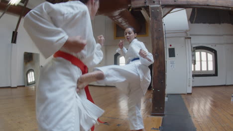 Toma-Manual-De-Chicas-Practicando-Patadas-De-Karate-En-El-Gimnasio
