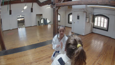 Shot-of-serious-girls-practicing-karate-in-gym-from-above