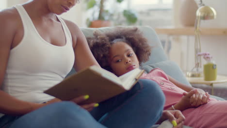 African-American-woman-reading-fairy-tales-to-her-tired-child-at-home