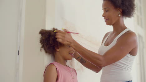 Smiling-Black-woman-measuring-her-daughter's-height-at-the-wall-and-then-looking-at-the-mark