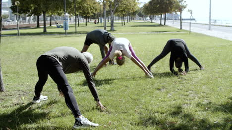 Elder-men-and-women-doing-stretching-exercises-at-the-park