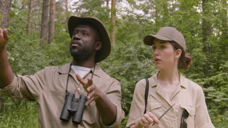 Caucasian-and-african-american-forest-wardens-taking-notes-and-talking-while-walking-in-the-woods