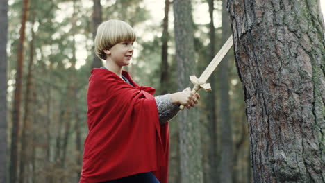 Cute-little-Caucasian-boy-in-red-cape-like-a-knight-beating-a-tree-with-a-wooden-sword-in-the-forest