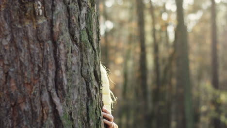 Portrait-shot-of-Caucasian-teen-girl-looking-at-camera-behind-a-tree-trunk-in-the-forest