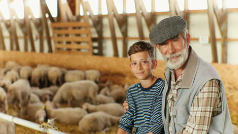 Portrait-of-Caucasian-old-gray-haired-man-hugging-his-little-grandson-and-smiling-to-camera-while-sitting-together-in-stable-with-sheep-flock