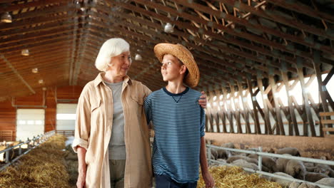 Caucasian-happy-old-gray-haired-grandmother-walking-and-talking-with-her-cute-teen-boy-in-stable-with-sheep-flock