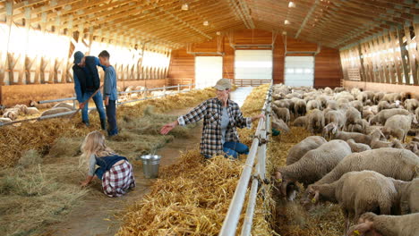 Family-of-farmers-cleaning-hay-with-rakes-to-feed-sheep-cattle-in-a-barn