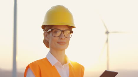 Caucasian-female-engineer-in-helmet-and-uniform-using-tablet-at-wind-station-of-renewable-energy,-then-she-smiles-at-the-camera