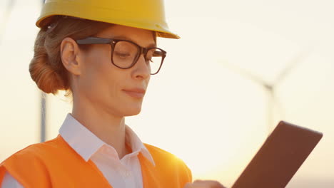 Close-up-view-of-caucasian-female-engineer-in-helmet-and-uniform-using-tablet-at-wind-station-of-renewable-energy