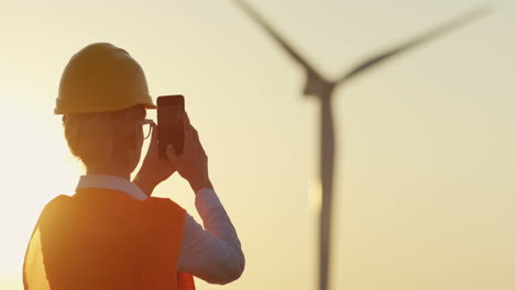 Rear-view-of-caucasian-female-worker-wearing-a-helmet-taking-a-photo-with-her-smartphone-of-the-windmills-turbines-spinning-at-sunset