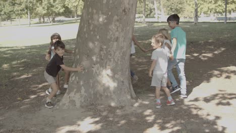 Cheerful-kids-holding-hands-and-round-dancing-around-tree-trunk-in-the-city-park