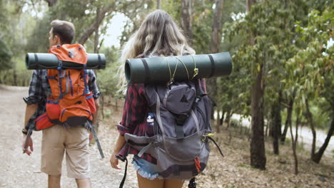 Couple-of-hikers-carrying-camping-backpacks-across-the-forest