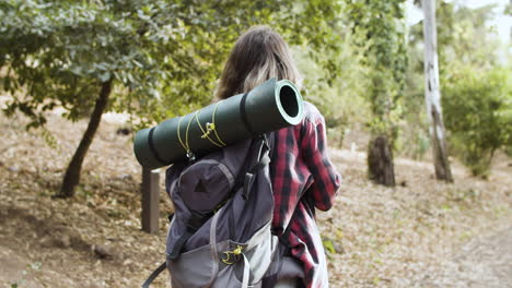 Young-female-backpacker-with-camera-taking-pictures-of-forest