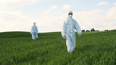 Caucasian-researchers-in-white-protective-suits-and-goggles-walking-in-the-green-field-while-doing-pest-control