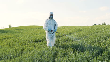 Caucasian-researcher-man-in-white-protective-suit-and-goggles-walking-the-green-field-and-spraying-pesticides-with-pulverizator
