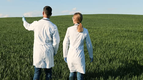 Rear-view-of-caucasian-researchers-in-white-gown-walking-in-the-green-field