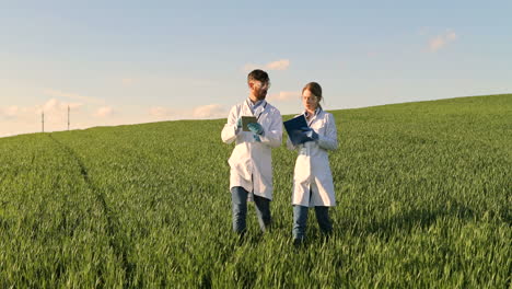 Caucasian-female-and-male-researchers-in-white-coat,-mask-and-googles-using-tablet-and-taking-notes-while-doing-pest-control-in-the-green-field