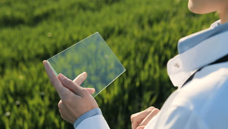 Rear-view-of-researcher-woman-hands-in-gloves-tapping-on-glass-in-the-green-field