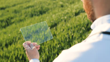 Rear-view-of-researcher-man-hands-in-gloves-tapping-on-glass-in-the-green-field