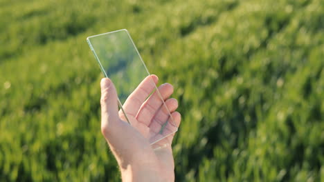 Close-up-view-of-researcher-man-hands-in-gloves-tapping-on-glass-in-the-green-field