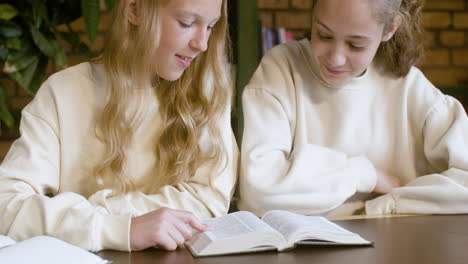 Blond-young-girls-reading-the-holy-book-on-class