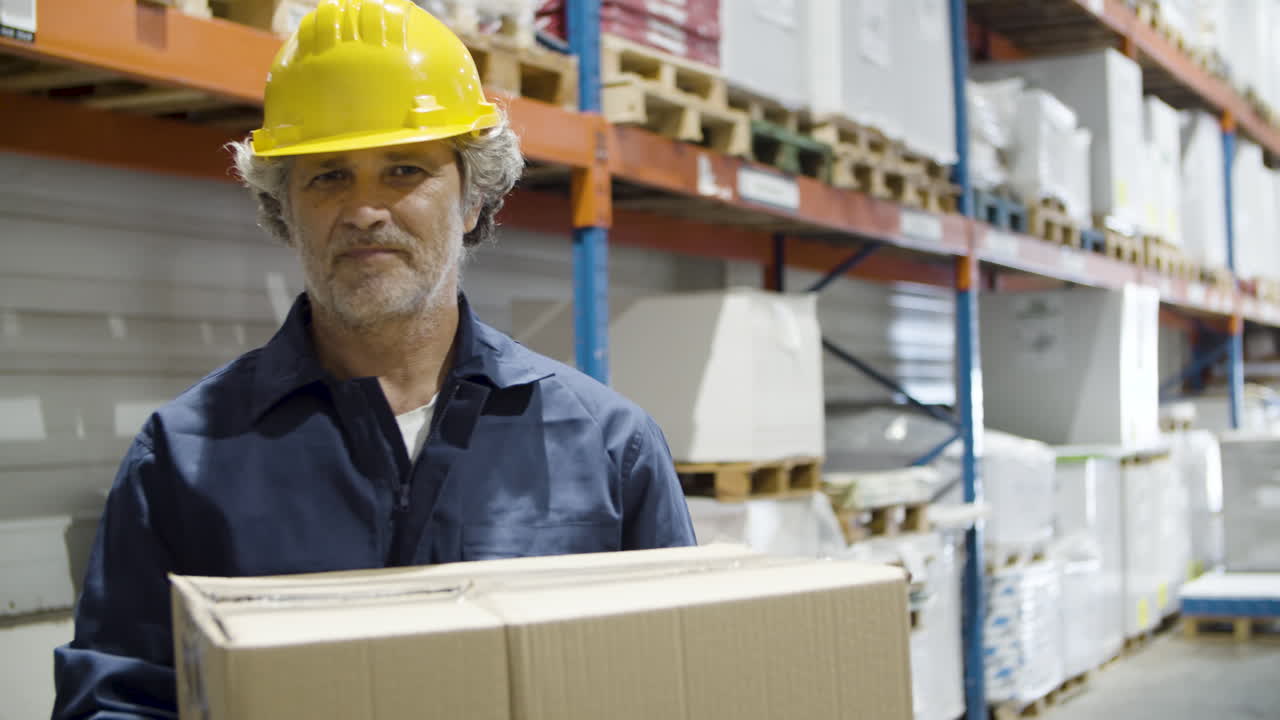 Free stock video - Caucasian male worker holding cardboard box and ...