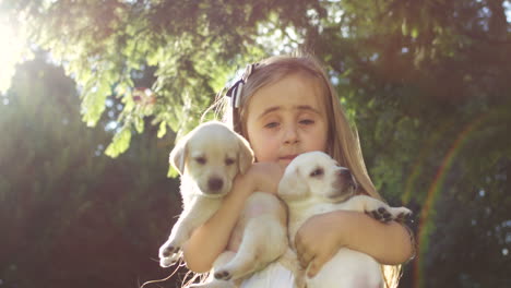 Cute-caucasian-girl-holding-small-labrador-puppies-in-the-park-on-a-summer-day