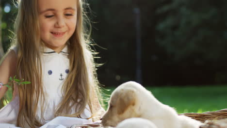 Porträt-Eines-Netten-Kleinen-Mädchens,-Das-Auf-Einer-Decke-Im-Park-Sitzt-Und-Mit-Einem-Labrador-Welpen-Spielt