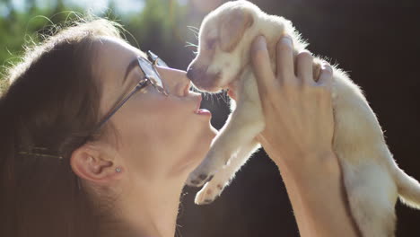 Close-up-view-of-caucasian-young-woman-in-glasses-holding-a-labrador-puppy-in-the-park-on-a-summer-day