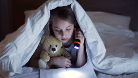 Cute-little-girl-hugging-a-teddy-bear,-using-a-flashlight-and-reading-a-book-with-surprised-expression-under-the-blanket-at-night