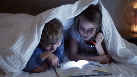 Close-up-view-of-cute-little-boy-and-her-sister-using-a-flashlight-and-reading-a-book-under-the-blanket-at-night