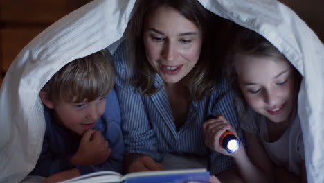 Close-up-view-of-cute-little-boy-and-her-sister-using-a-flashlight-and-reading-a-book-under-the-blanket-at-night