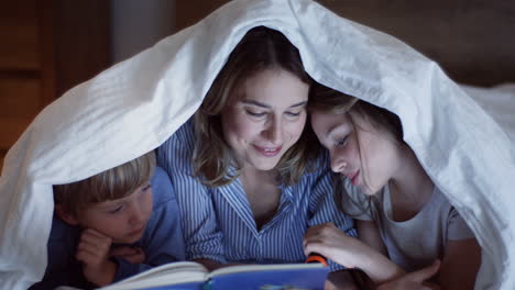 Close-up-view-of-mother-and-her-cute-little-daughter-and-son-using-a-flashlight-and-reading-a-book-under-the-blanket-at-night