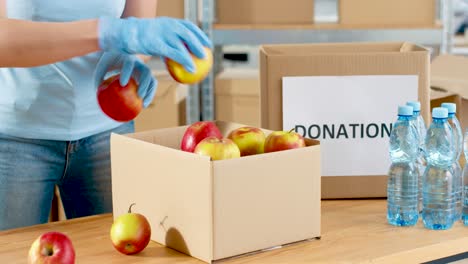 Nahaufnahme-Der-Freiwilligen-Hände-Verpackungsbox-Mit-Roten-Äpfeln-Und-Wasser-Im-Wohltätigkeitslager