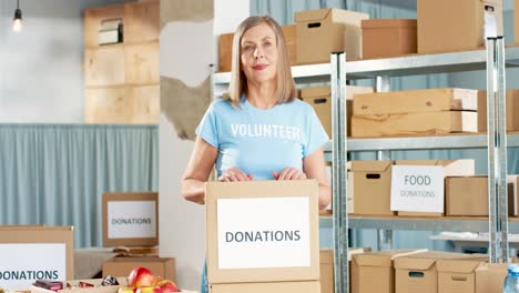 Freiwillige-Kaukasierin-Packt-Spendenkisten-Mit-Roten-äpfeln-Und-Schaut-In-Die-Kamera-Im-Lager-Für-Wohltätigkeitsorganisationen