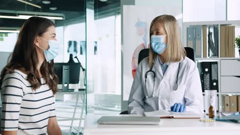 Caucasian-female-doctor-wearing-medical-mask-sitting-at-desk-and-explaining-to-female-patient-treatment-for-coronavirus-in-medical-consultation