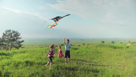 Full-length-view-of-little-children-having-fun-in-the-park-while-flying-a-kite-on-a-sunny-day