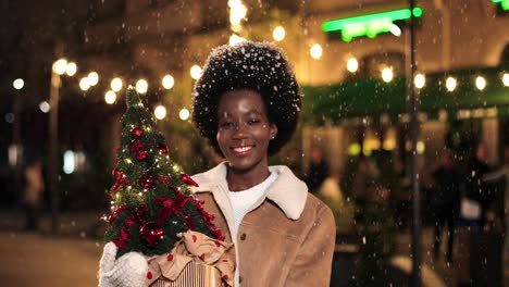 Vista-De-Cerca-De-Una-Mujer-Afroamericana-Sosteniendo-Un-árbol-De-Navidad-Y-Engañando-A-La-Cámara-Mientras-Nieva-En-Navidad