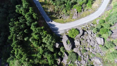 Aerial-footage-of-a-car-making-a-turn-on-a-curvy-mountain-road